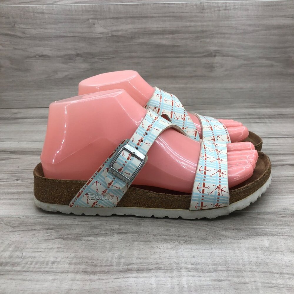 Birkenstock Birkis Sandals Womens 5 Nautical Anchor White Slip On Slide Shoes